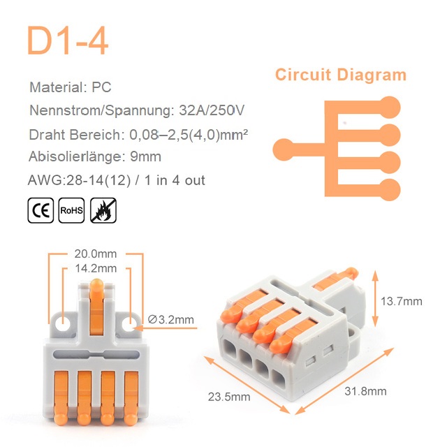 D14 Mini Kabelverbinder Schnellverbinder 1 PIN zu 4 polig