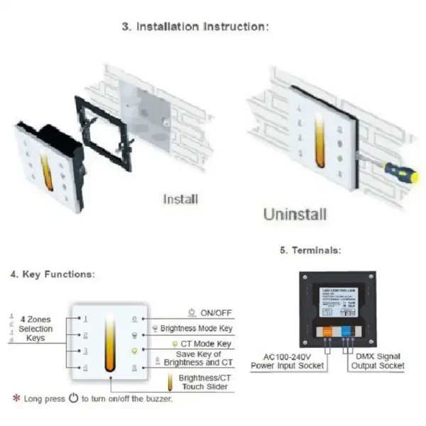 ltech dx6 dmx512 4 zonen glas touch panel dual color wireless