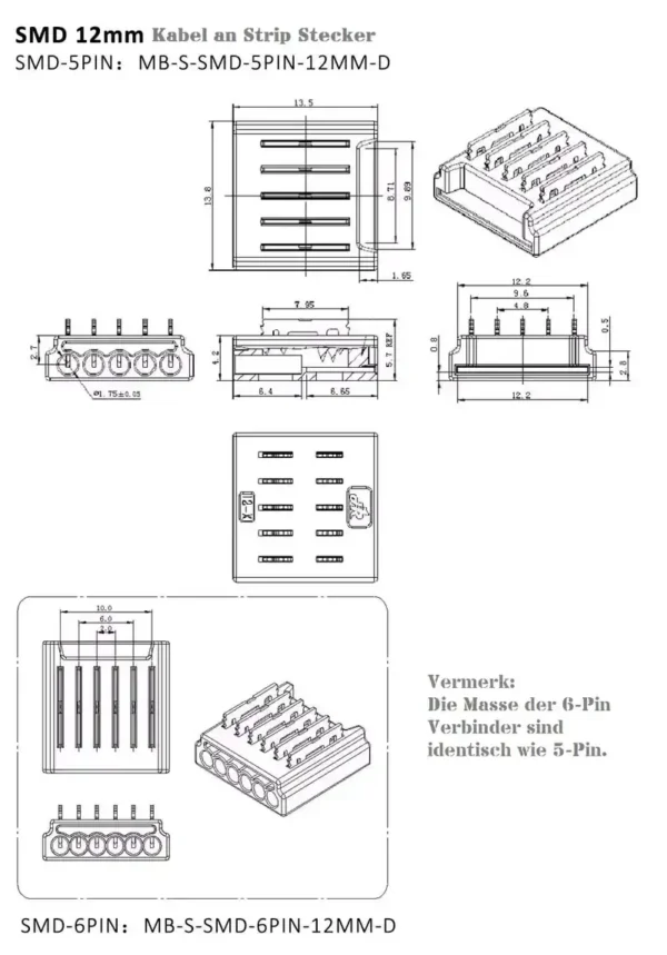 Mini LED Verbinder 6 Polig Schnellverbinder 12 mm Strip zu Stripe