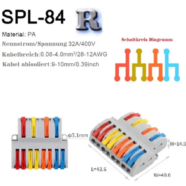 SPL-84 4 PIN Push-In Verbindungsklemme 8 Polig Push-On