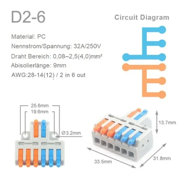 D2-6 Mini Hebelklemme 6 Polig Datenblatt