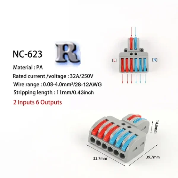 NC-623 Hebelklemme 6 Polig Anschluss Klemme 2 Pol Eingang
