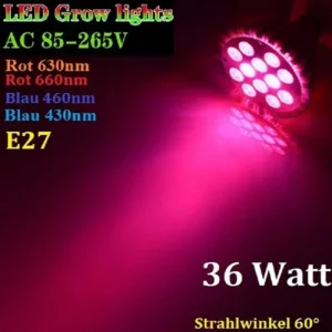 Grow LED Pflanzenlampe 36W Vollspektrum E27