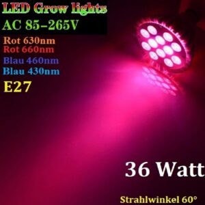 Grow LED Pflanzenlampe 36W Pflanzenlicht Vollspektrum E27 für Zimmerpflanzen