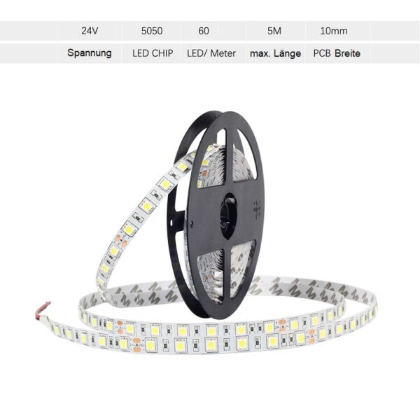 24V LED Streifen Kaltweiss 6500K SMD 5050 IP65 Wasserdicht 300 Leds dimmbar